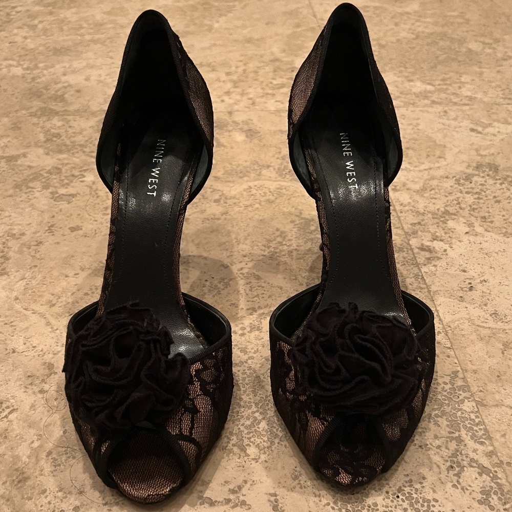 Nine West Black Lace Rosette Heels